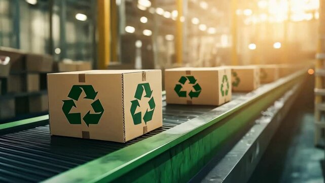 Cardboard boxes for reprocessing or upcycling on a conveyor belt in a green facility, Recycling concept	