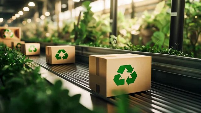 Cardboard boxes for reprocessing or upcycling on a conveyor belt in a green facility, Recycling concept	