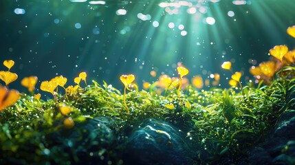 Fototapeta premium Ocean conservation microscopic concept. Underwater view of vibrant moss with delicate yellow flowers illuminated by sunlight.