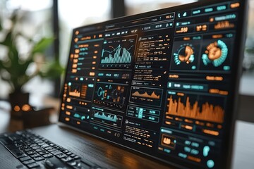 Dynamic investment portfolio dashboard office space data visualization modern environment close-up view financial insights