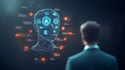 Ai in education concept. Digital human face visualization with data analytics interface.