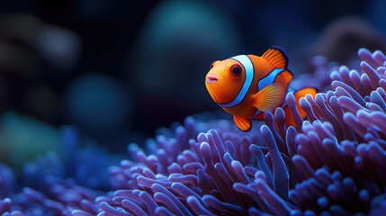 A colorful clownfish hovering near the waving tentacles of a sea anemone. Submerged coral garden, delicate balance.