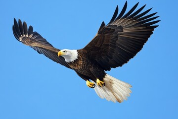 Eagle with its wings spread wide soars through a clear blue sky.