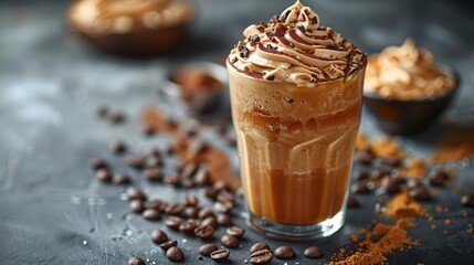 Glass with delicious caramel frappe on grey background