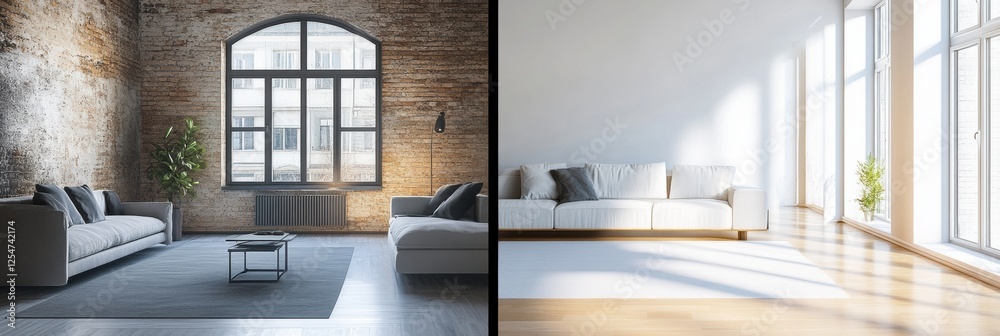 Poster contrast of old dark interiors and bright modern renovated design in a room showcasing transformatio
