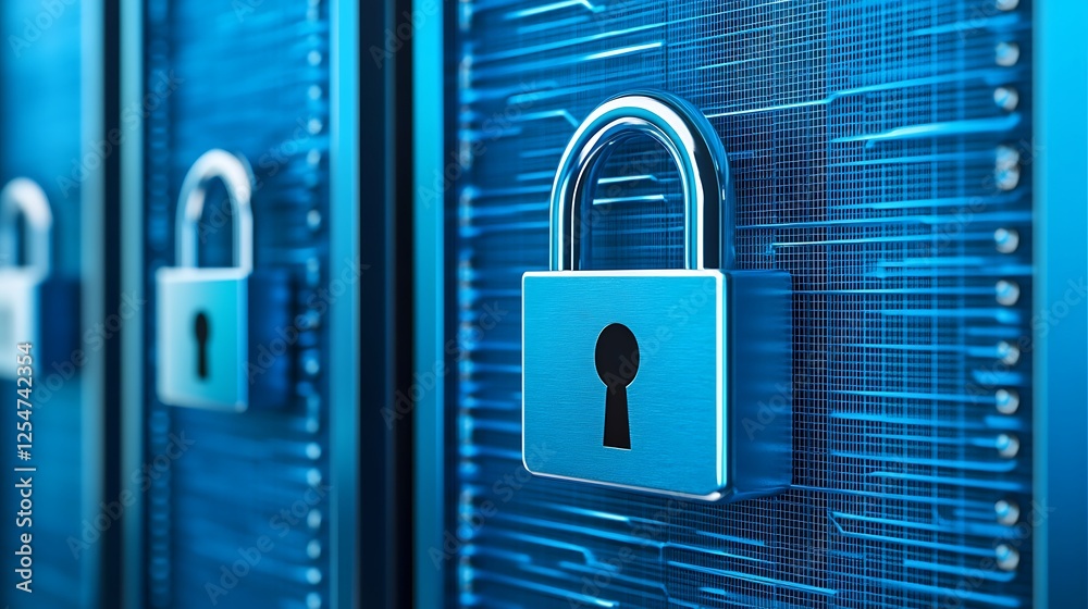 Poster advanced security locks on digital background with data streams and cybersecurity elements in blue h