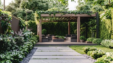 Fototapeta premium Modern backyard garden in home, feuturing beautiful sitting place