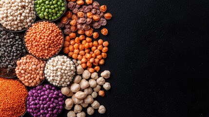 Colorful legumes assortment on dark background, healthy food concept