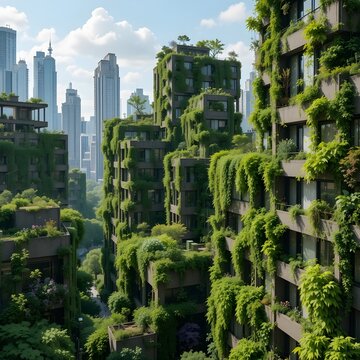 Un paisaje urbano sostenible donde las plantas verdes cubren las paredes de los edificios y florecen los jardines en las azoteas.