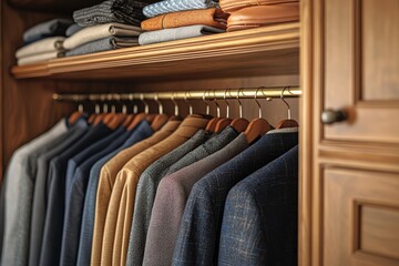 Obraz premium Organized closet displaying neatly folded clothes home office interior design warm environment close-up view minimalist concept