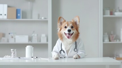 Adorable dog in a vet coat, playfully acting as a doctor, sitting at a desk with medical supplies in a bright room.
