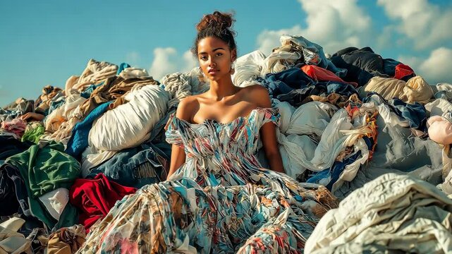 A model in clothing made from upcycled materials on a pile of discarded clothing, Fast fashion, Fashion waste crisis	
v
