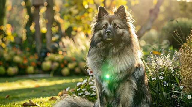 Keeshond dog in lush garden setting with serene nature vibes AI