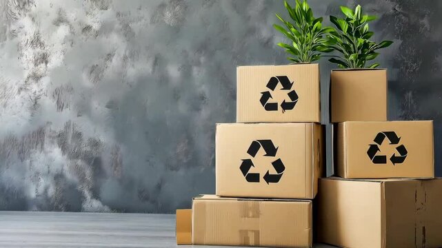 Stacked cardboard boxes and paper waste for reprocessing or upcycling. Concept of recycling, cardboard boxes, paper waste, sustainable living	
