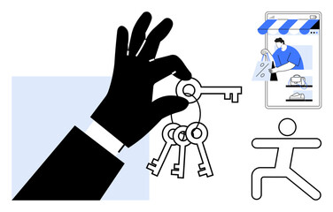 Hand holding three keys, figure running, smartphone storefront scene with package delivery. Ideal for digital access, online shopping, security, employment, e-commerce technology success. Modern