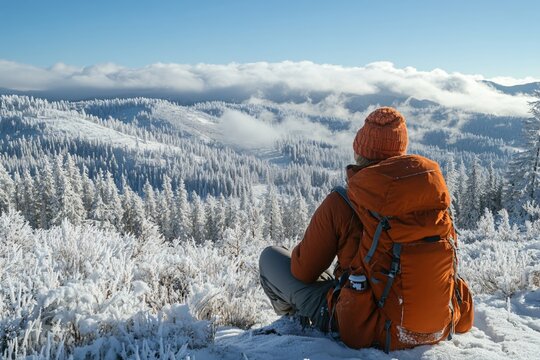 Hiker rests on snowy mountain ridge overlooking a winter forest under a blue sky with clouds
