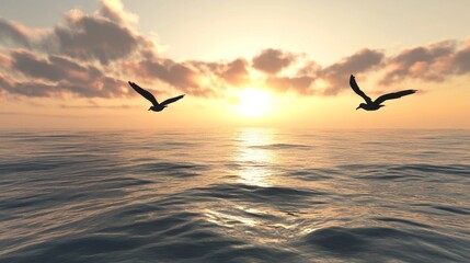 Obraz premium Two birds soaring gracefully above the vast sea, their wings spread wide as they glide through the air.