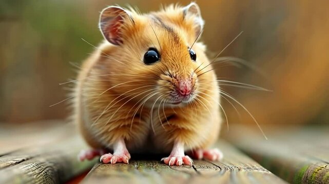 Cute hamster with chubby cheeks sitting on a wooden surface, looking directly into the camera with soft fur and tiny features. ai