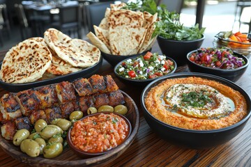 Obraz premium Mediterranean feast on rustic wooden table vibrant restaurant setting culinary showcase inviting atmosphere