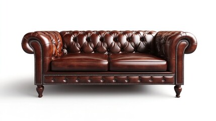 Brown leather chesterfield sofa, isolated, white background, furniture design
