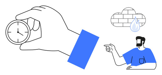 Person pointing at a small clock held by a hand, a cloud with a raindrop. Ideal for productivity, time management, scheduling, planning, weather forecast concepts, efficiency deadlines. Abstract