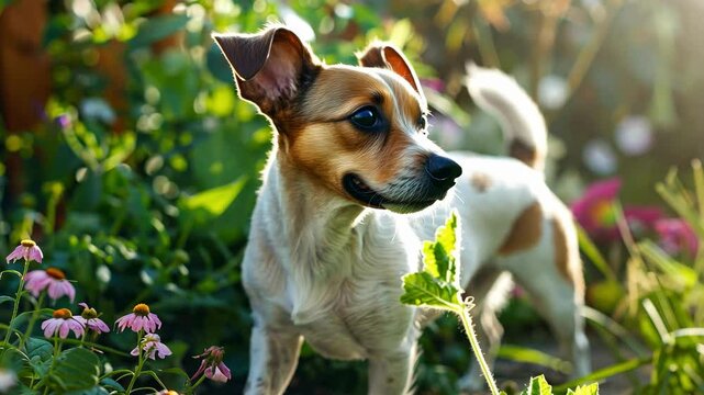 Playful jack russell terrier in a sunlit garden setting AI