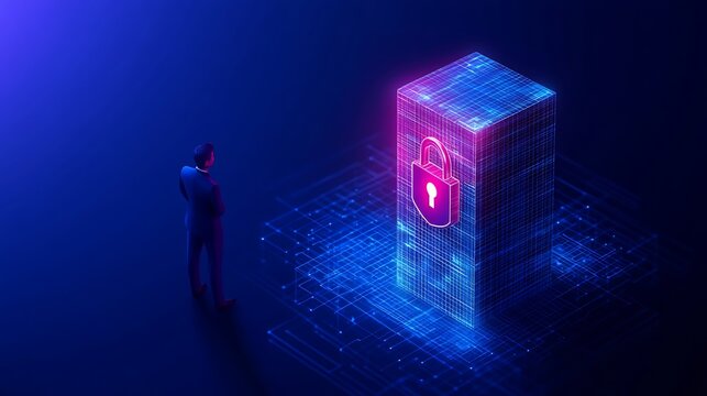Businessman Observing Digital Lock Icon on Secure Server Representing Data Protection and Cybersecurity Concepts