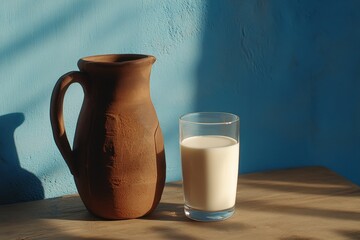 Rustic Clay Pitcher and Clear Glass of Milk with Natural Light and Blue Background