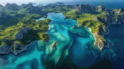 Obraz premium Aerial view of a vibrant turquoise bay surrounded by lush green mountains and rocky shores