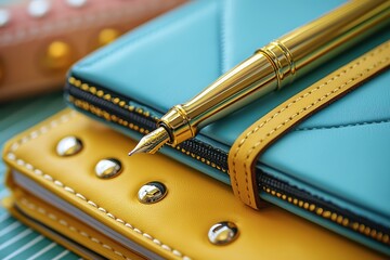 Creative colorful designer notebooks and planners showcase home office product photography stylish environment close-up viewpoint