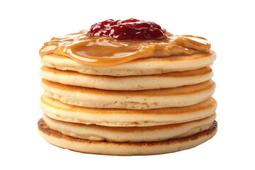 A stack of fluffy pancakes topped with creamy peanut butter and red jam. delicious breakfast food