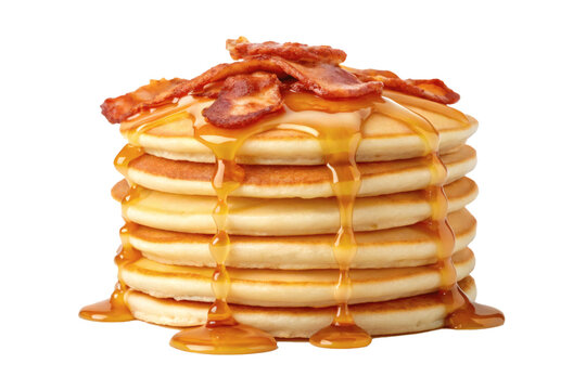 Stack of fluffy pancakes topped with crispy bacon and drizzled with golden syrup, breakfast delight
