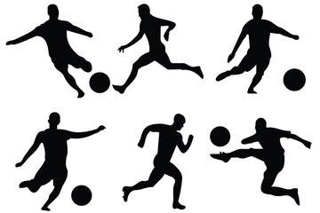 Set of soccer and football icons. Soccer Player icon, vector, silhouette. Team sport, player kicking ball. Vector illustration. 