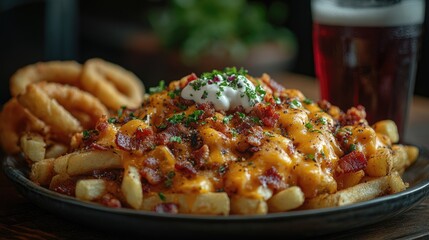 Delicious loaded fries topped with cheese, bacon, and sour cream, served with beer and onion rings