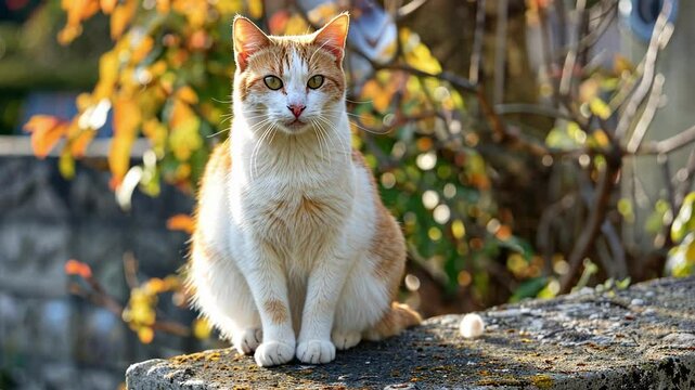 Japanese bobtail cat sitting on stone wall in autumn garden AI