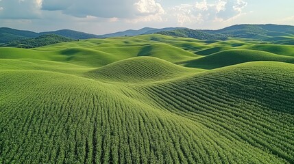 Fototapeta premium Lush green rolling hills under a blue sky with fluffy clouds, showcasing nature's beauty