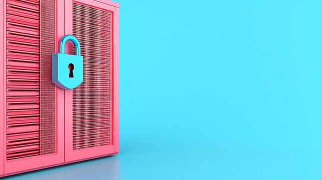 Colorful illustration of a secure server with padlock on a vibrant blue background, emphasizing data protection
