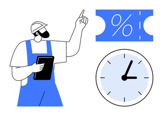 Construction worker holding tablet, pointing at discount ticket symbol, with clock showing time. Ideal for project management, scheduling, promotions, discounts, construction industry, time