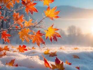 Colorful autumn leaves covered with first snow at sunset creating winter wonderland.
