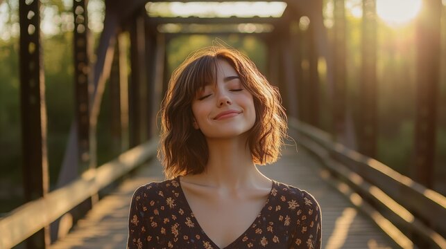 young pretty woman stands on a bridge with her eyes closed and a smile on her face, enjoying the sun's rays, concept: take care of yourself, 16:9