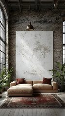 Modern Industrial Living Room Design With Beige Sofa And Red Carpet