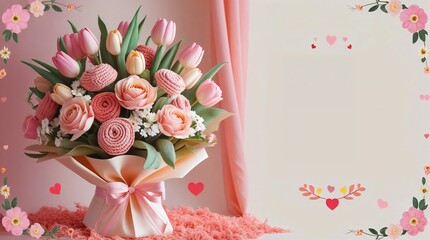 Romantic Valentine’s Day Flower Bouquet with Pink Tulips and Roses