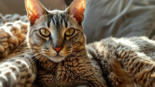 Cozy laperm cat relaxing on a knitted blanket in warm sunlight AI