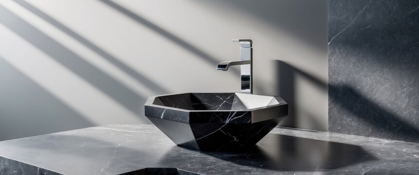 Hexagonal black marble vessel sink on dark gray stone background with sleek faucet showcasing modern elegance in bathroom design aesthetics.