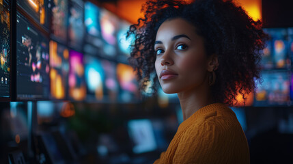 Fototapeta premium Woman Data Analyst Night Work Digital Screens