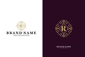 R letter logo with linear ornament luxury logo, emblem usable used for growing Business, Boutique, Identity, Beauty salon, Fashion, Jewelry, Hotel, Beauty products, Spa, etc. Vector illustration logo