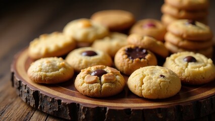 A delectable assortment of freshly baked sweet cookies, featuring a variety of toppings and textures, artfully arranged on a rustic wooden surface.