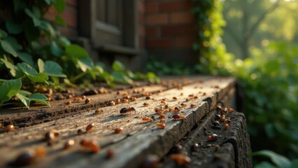 Naklejka premium A multitude of insects traversing a weathered wooden plank, bathed in the warm glow of the setting sun, amidst lush green foliage
