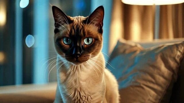 Elegant siamese cat relaxing on a couch in cozy home setting AI