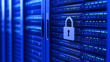 Data Security Concept with Lock Icon on Server Rack in Modern Data Center Illuminated by Blue Lights